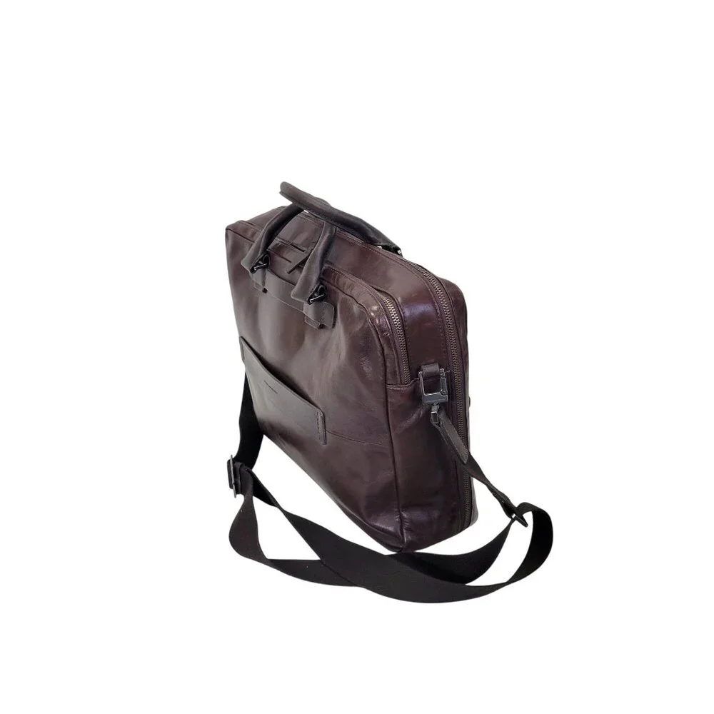 Piquadro Dark Brown Leather Business Bag With Adjustable Strap Multiple Pockets - Picture 5 of 8